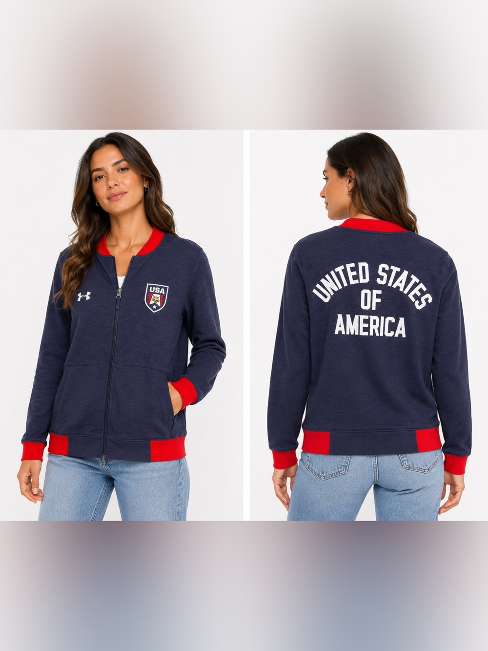Under Armour Size Medium Unisex Navy USA Zip-Up Bomber Track Jacket Red Trim